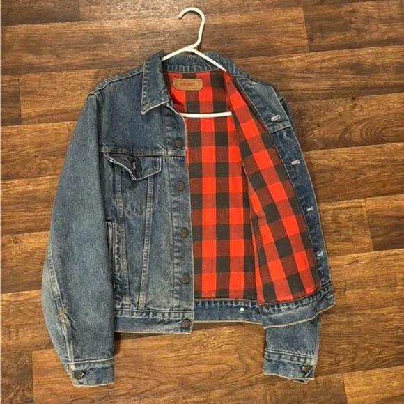 Vintage Levi’s 70411 Lined Denim Trucker Jacket Buffalo Plaid Type III Men’s 40 - Picture 3 of 7